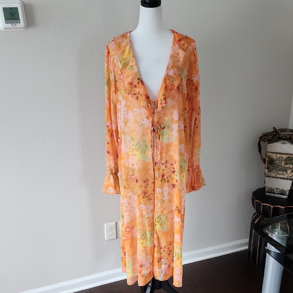 Wild Fable Sheer Orange Floral Ruffle Duster Top